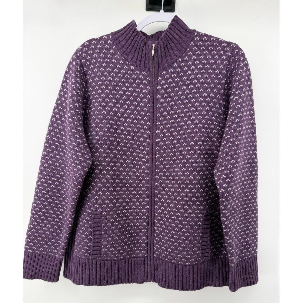 LL Bean Womens XL Purple Birdseye Lambswool Full Zip Cardigan Sweater Mock Neck